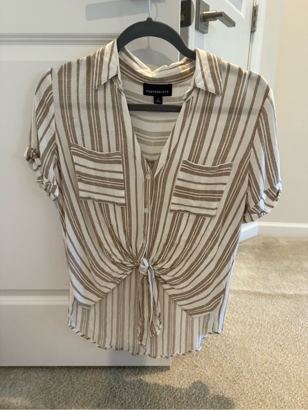 Taupe and White Striped Tie-Front Shirt